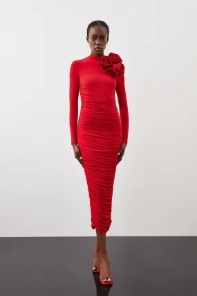 Long Sleeve Draped Ruched Jersey Rosette Midi Dress | Karen Millen