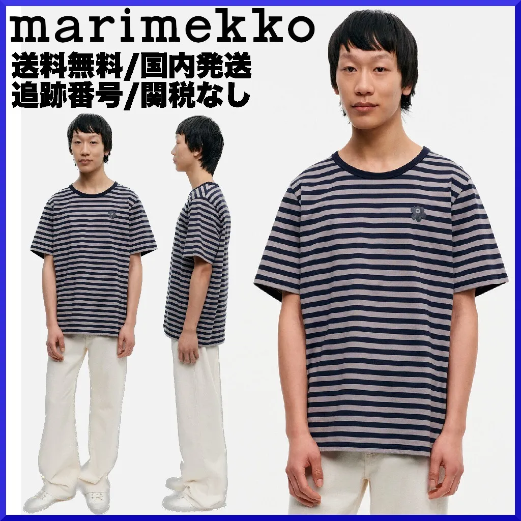 marimekko  |Crew Neck Stripes Flower Patterns Street Style Cotton