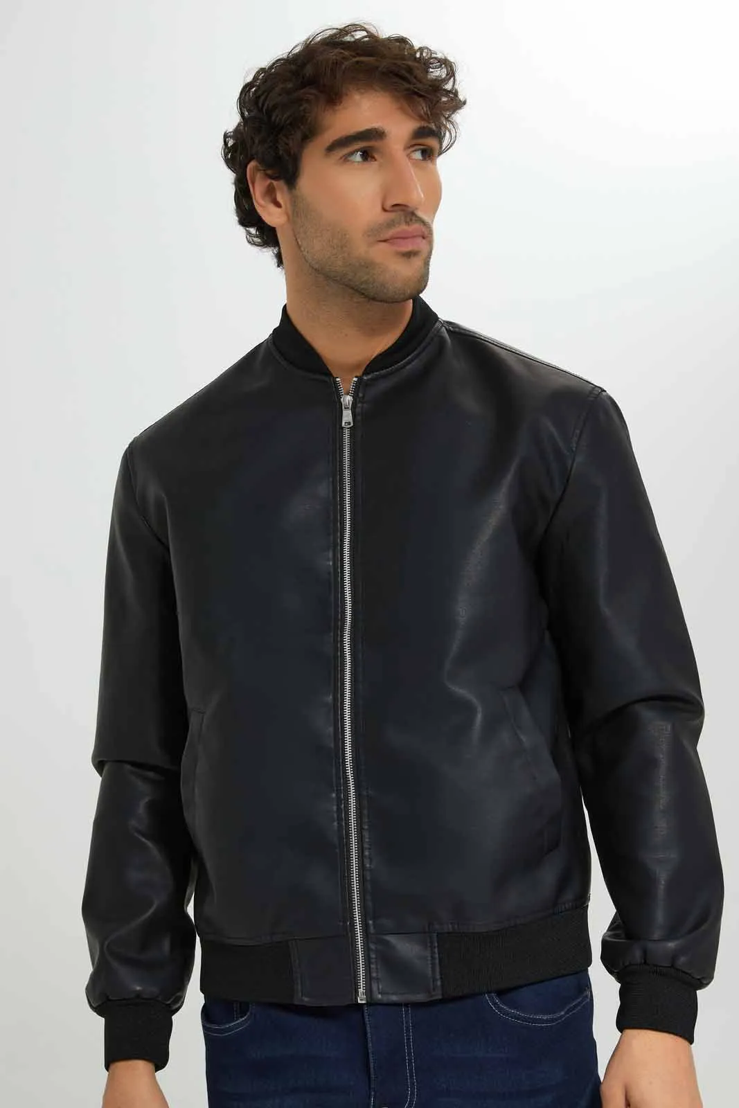 Men Black PU Bomber Jacket