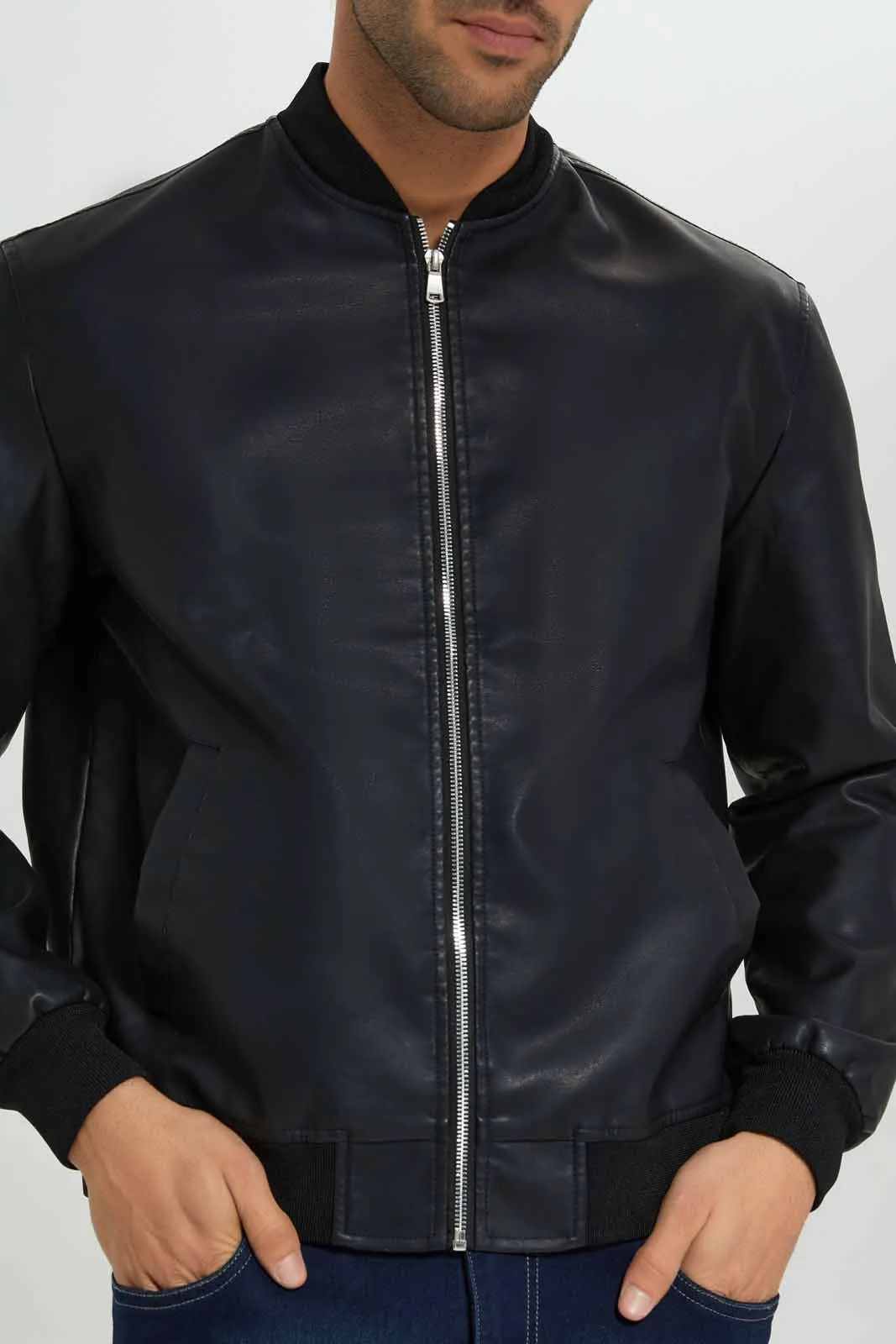 Men Black PU Bomber Jacket