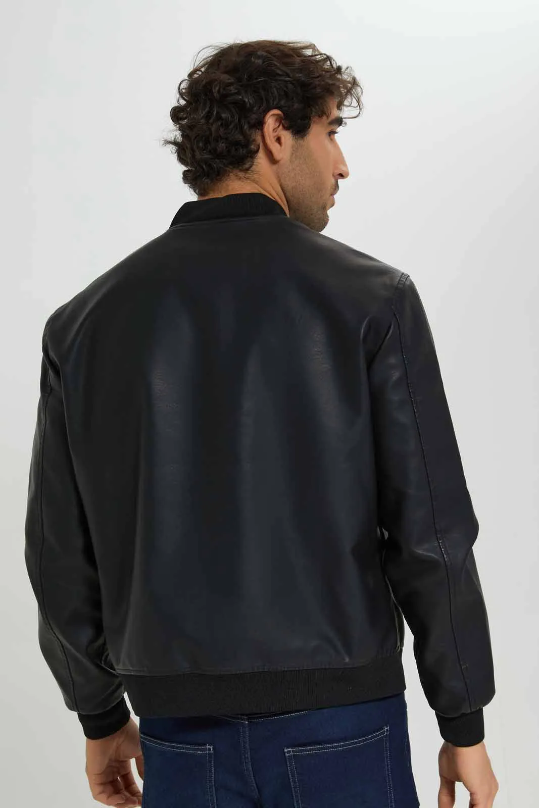 Men Black PU Bomber Jacket