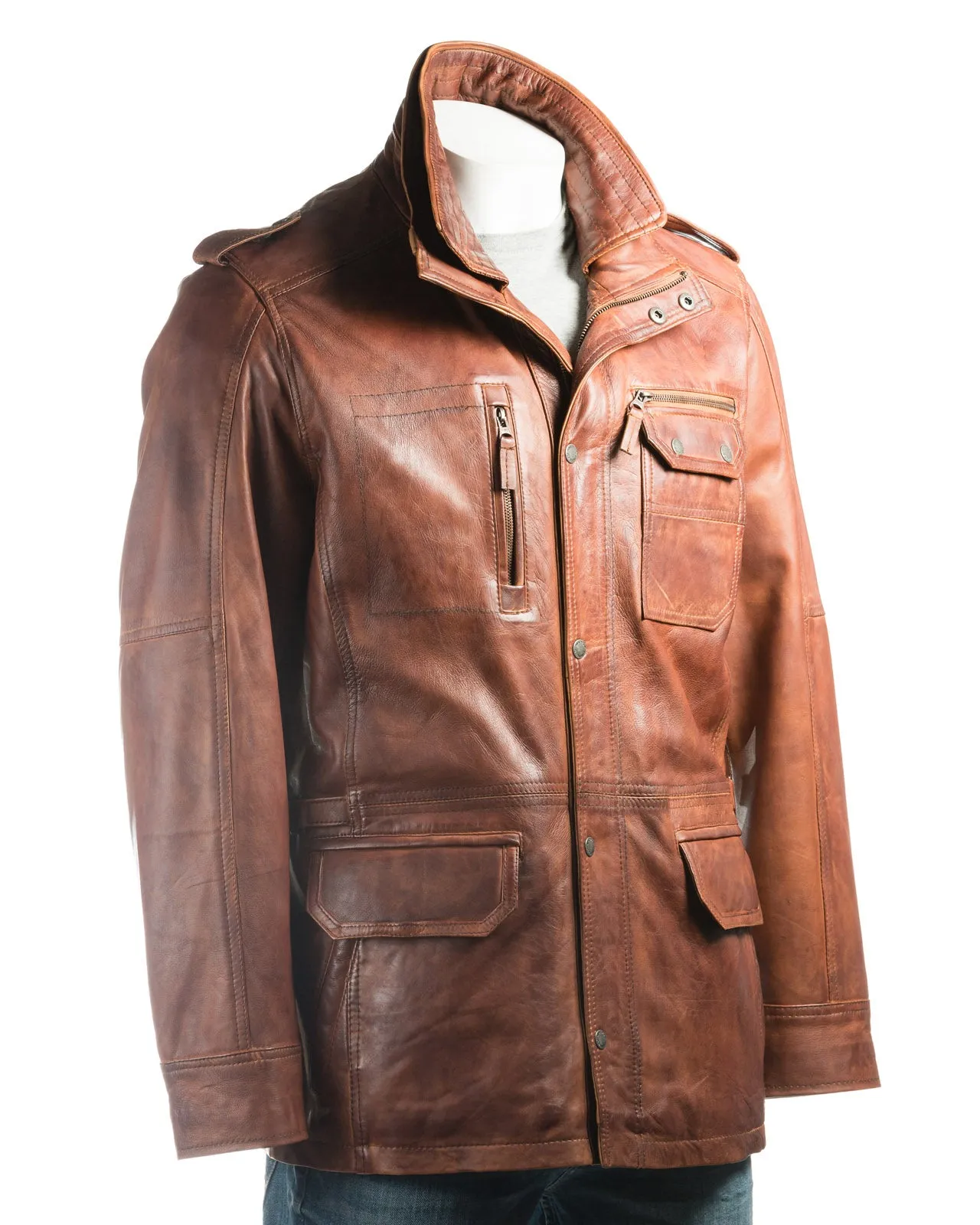 Men's Antique Cognac Double-Collared Leather Coat: Pasquale