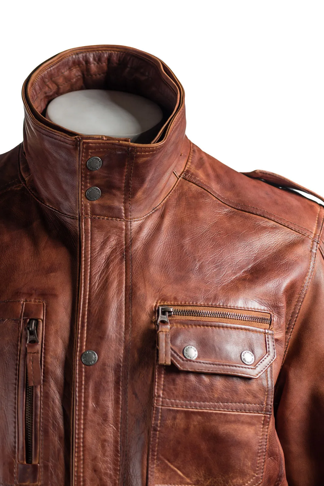 Men's Antique Cognac Double-Collared Leather Coat: Pasquale