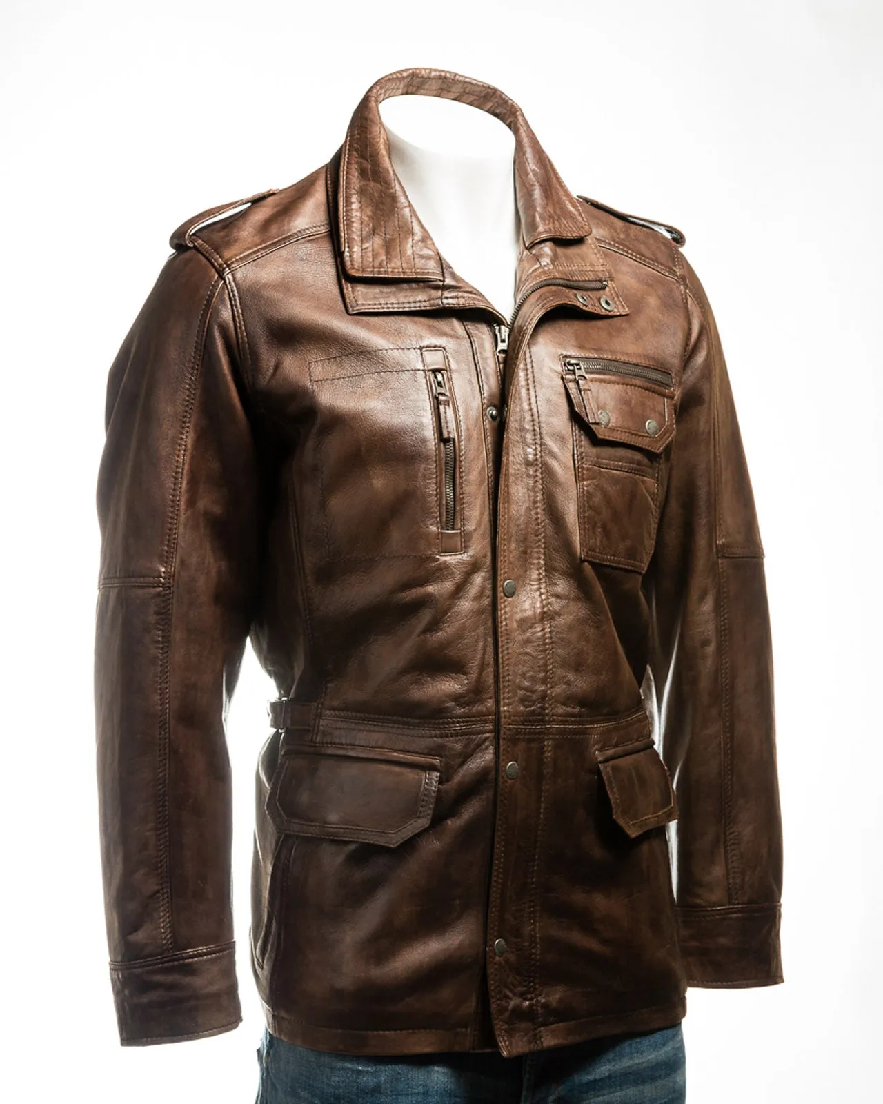 Men's Antique Cognac Double-Collared Leather Coat: Pasquale