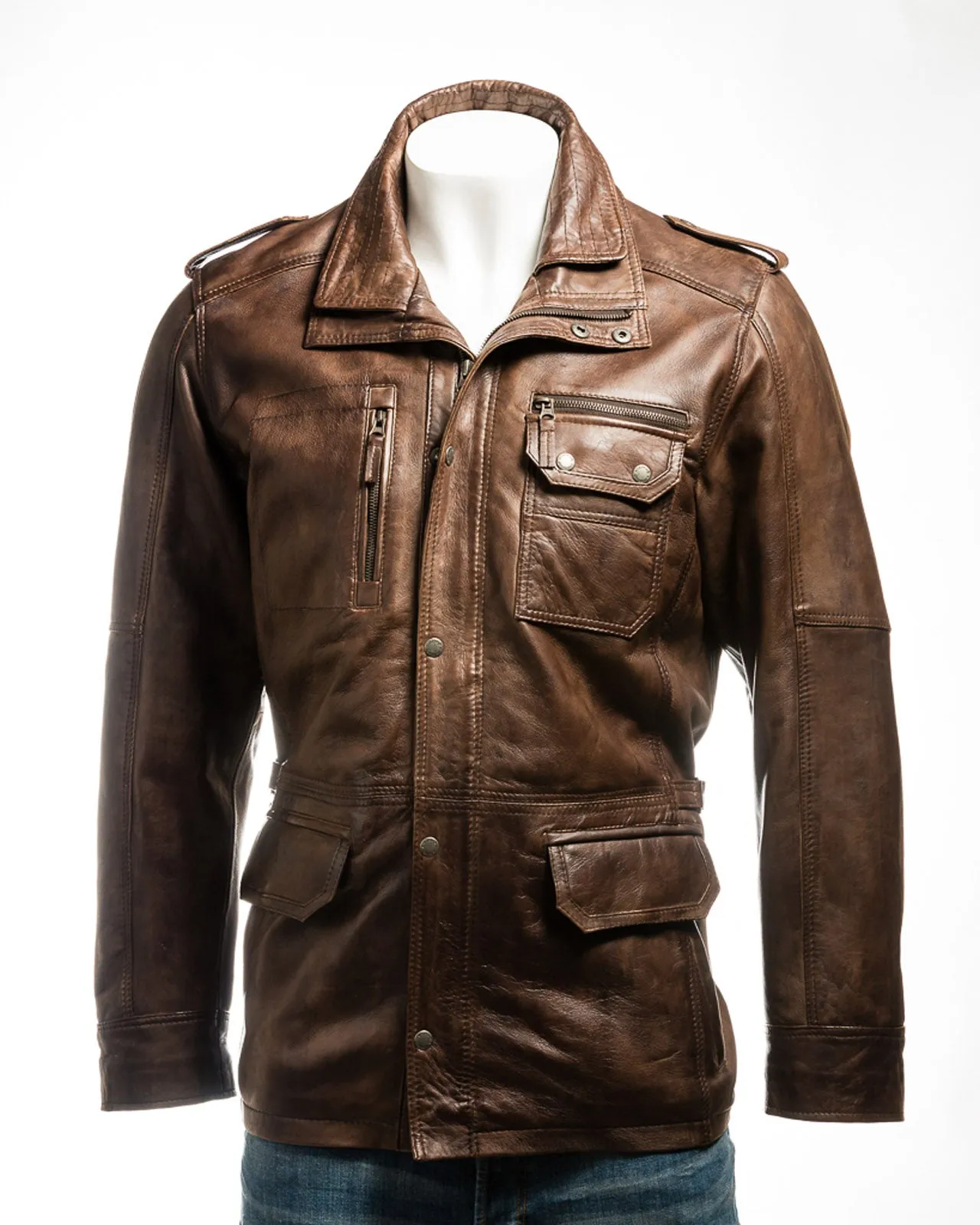 Men's Antique Cognac Double-Collared Leather Coat: Pasquale