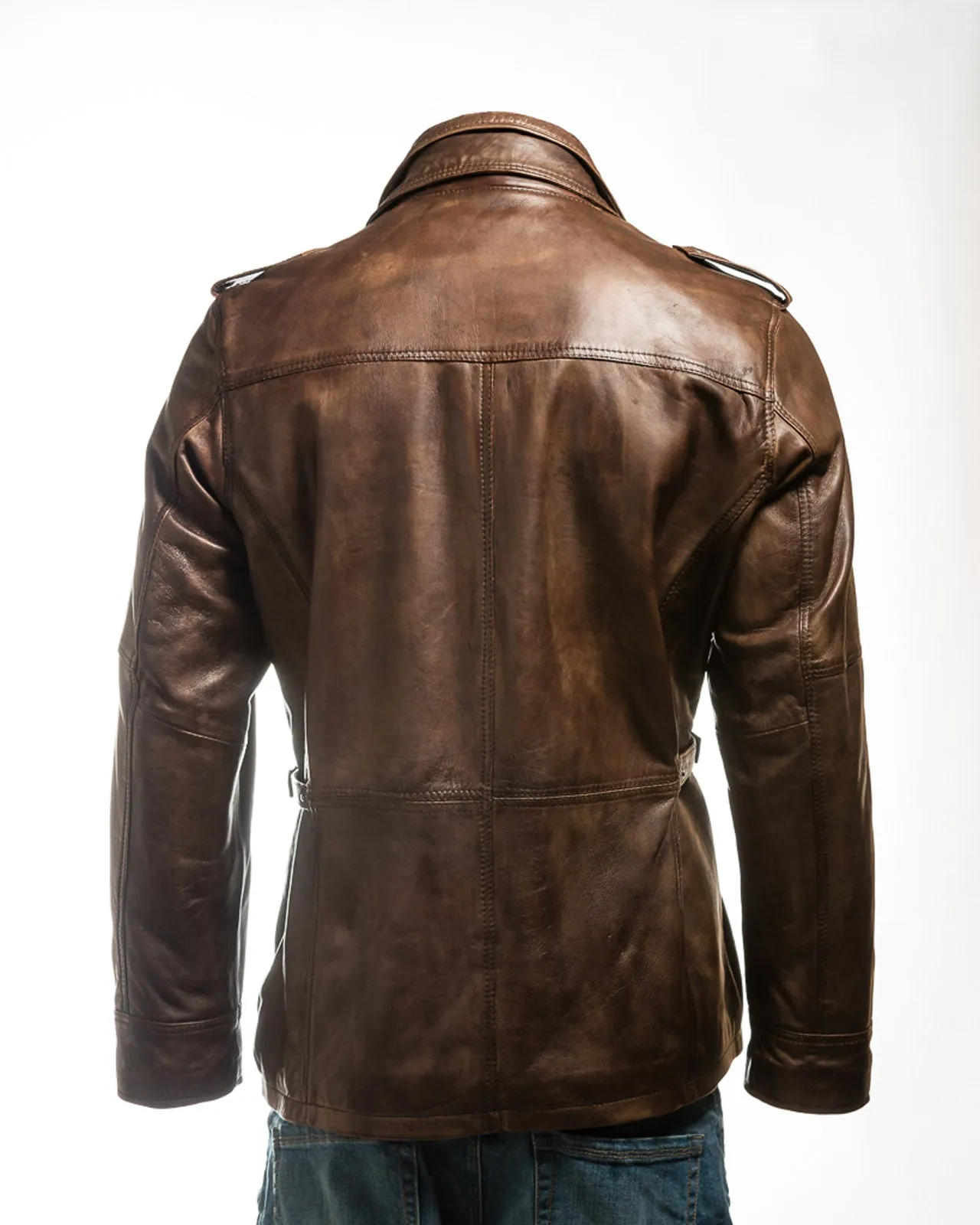 Men's Antique Cognac Double-Collared Leather Coat: Pasquale