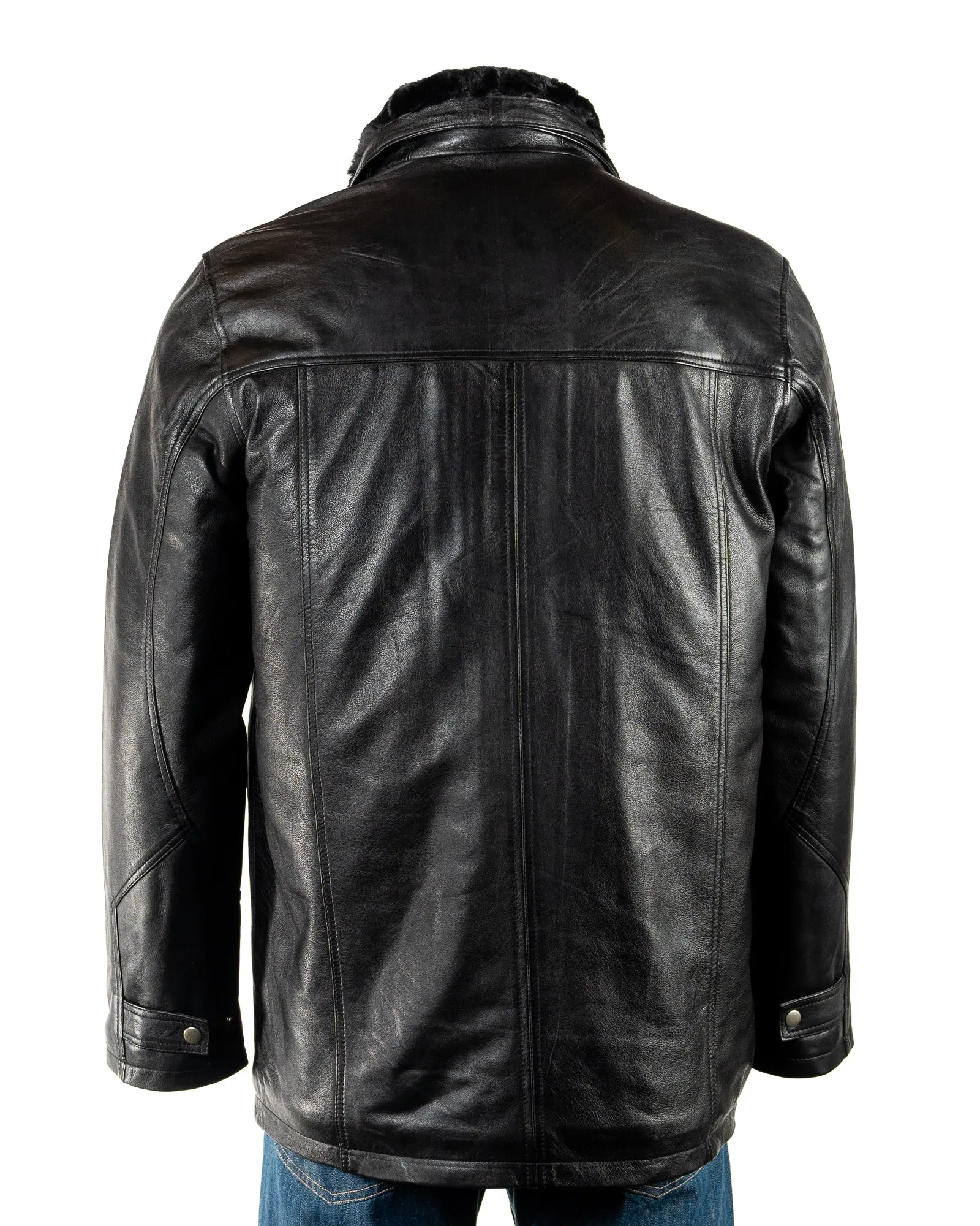 Men's Smart Black Leather Coat with Removable Inner Collar: Tobias