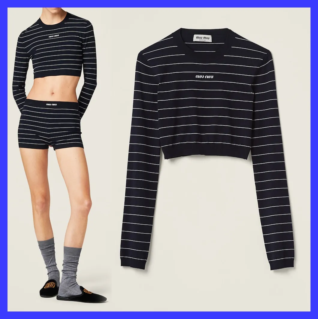 MiuMiu  |Crew Neck Stripes Long Sleeves Plain Logo V-neck & Crew neck