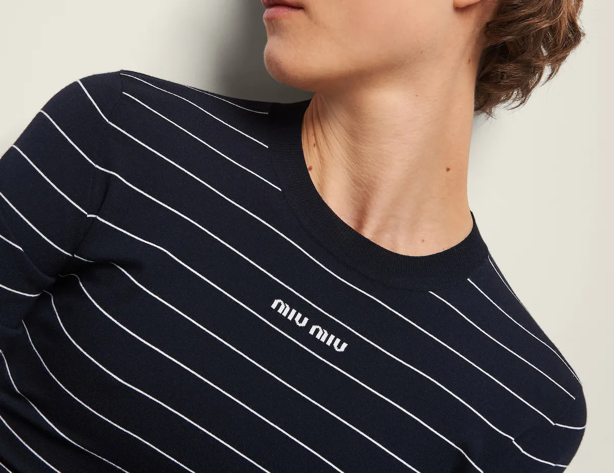 MiuMiu  |Crew Neck Stripes Long Sleeves Plain Logo V-neck & Crew neck