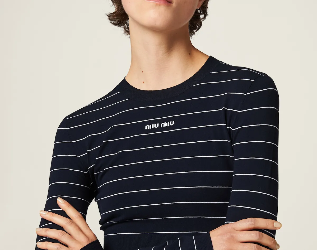 MiuMiu  |Crew Neck Stripes Long Sleeves Plain Logo V-neck & Crew neck