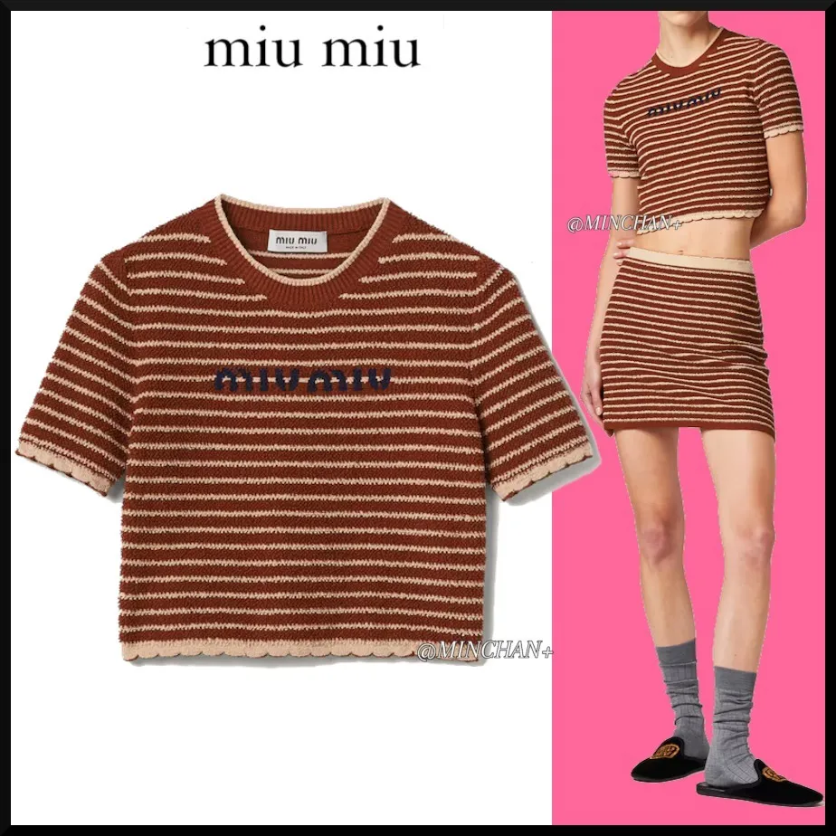 MiuMiu  |Crew Neck Stripes Street Style Cotton Short Sleeves Logo