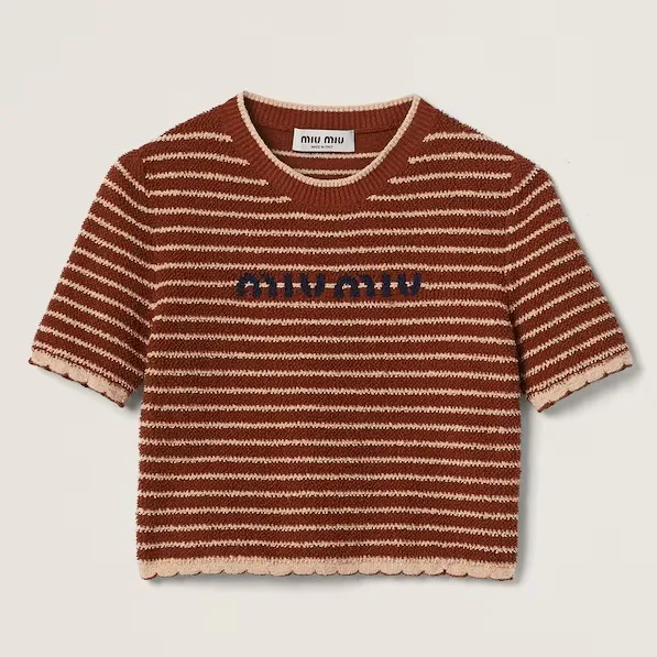 MiuMiu  |Crew Neck Stripes Street Style Cotton Short Sleeves Logo