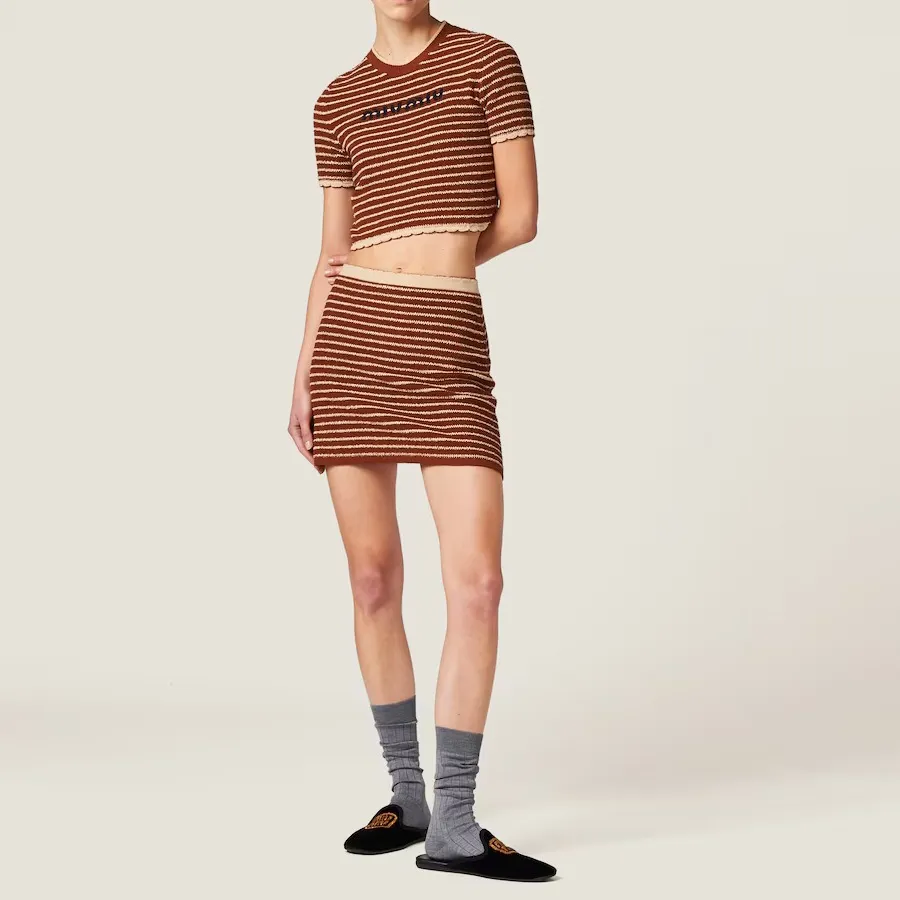 MiuMiu  |Crew Neck Stripes Street Style Cotton Short Sleeves Logo