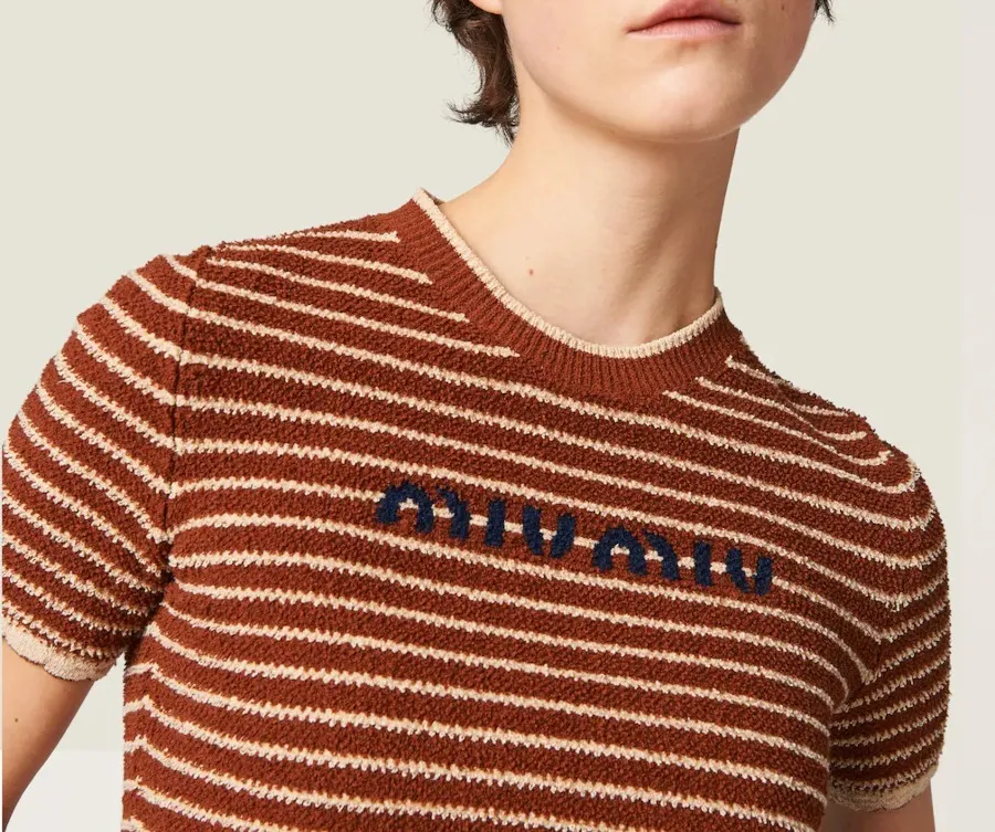 MiuMiu  |Crew Neck Stripes Street Style Cotton Short Sleeves Logo