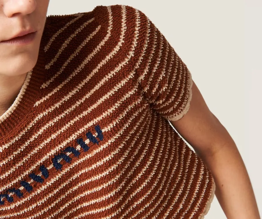 MiuMiu  |Crew Neck Stripes Street Style Cotton Short Sleeves Logo