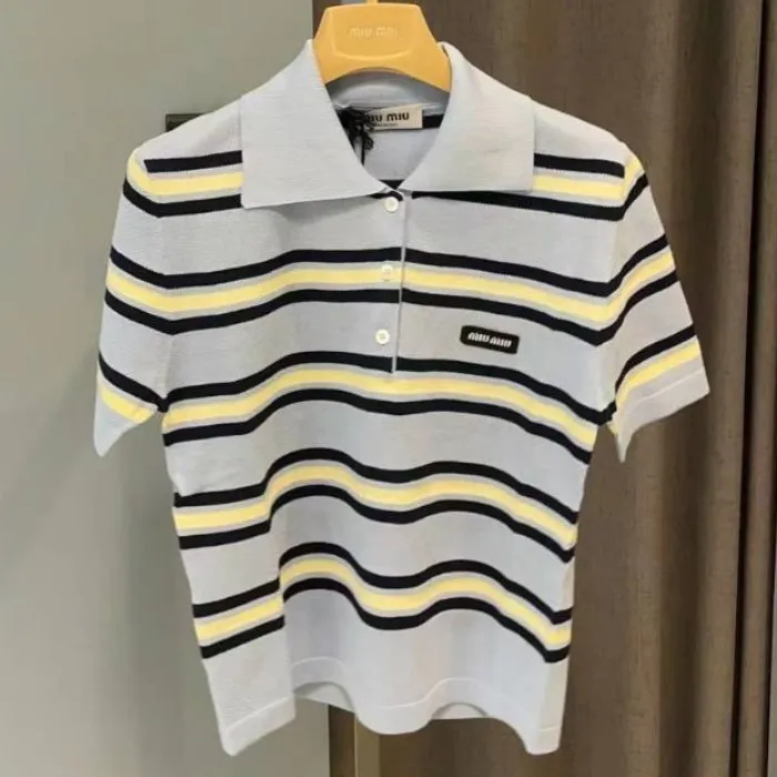 MiuMiu  |Stripes Cotton Short Sleeves Logo V-neck & Crew neck