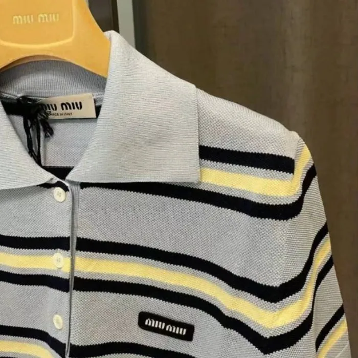 MiuMiu  |Stripes Cotton Short Sleeves Logo V-neck & Crew neck