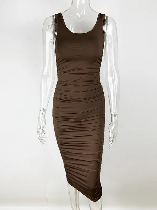 Momnfancy Brown Solid Color Ruched Bodycon Fashion Party Club Baby Shower Maternity Midi Dress