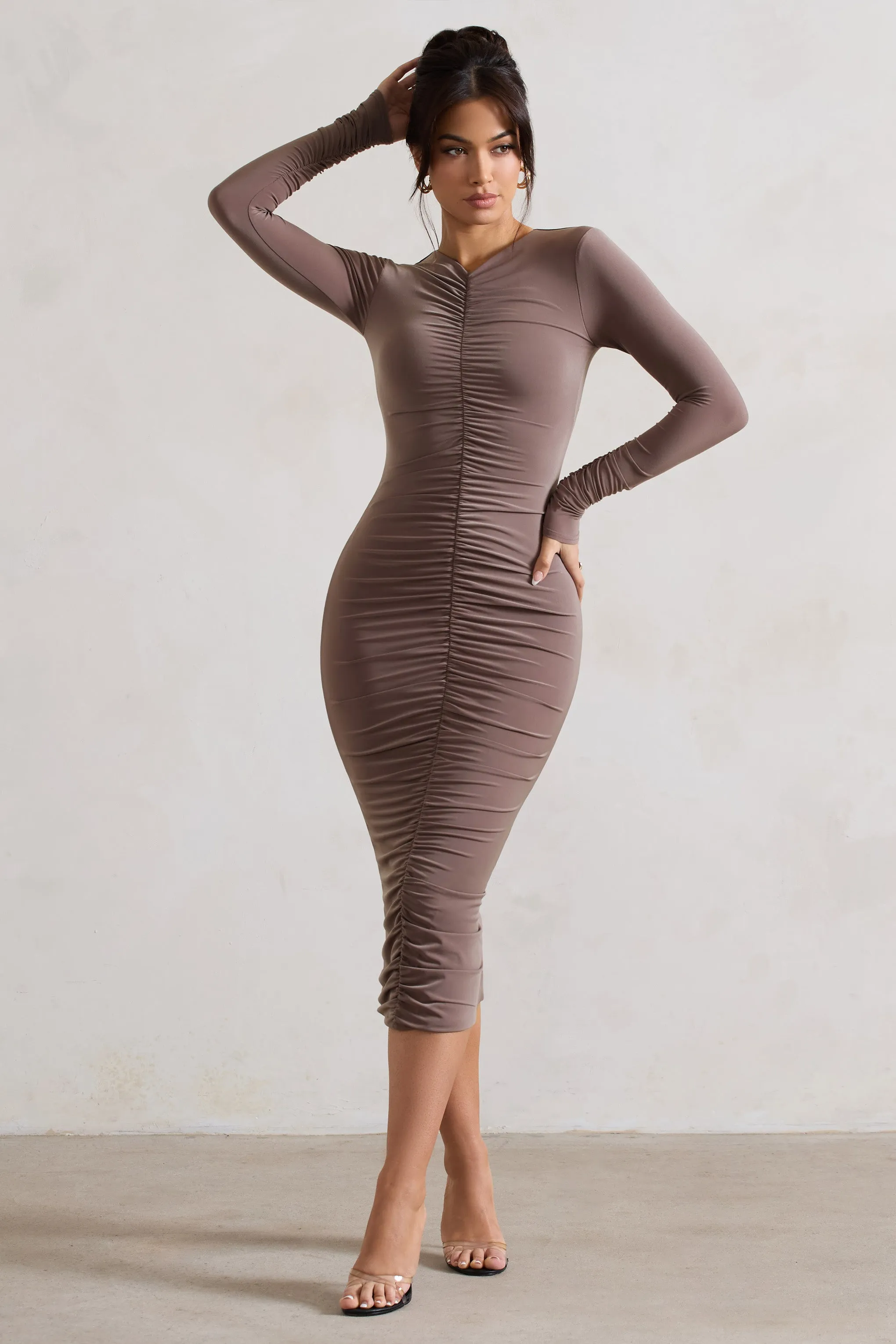 Monique | Mocha Ruched Bodycon Midi Dress