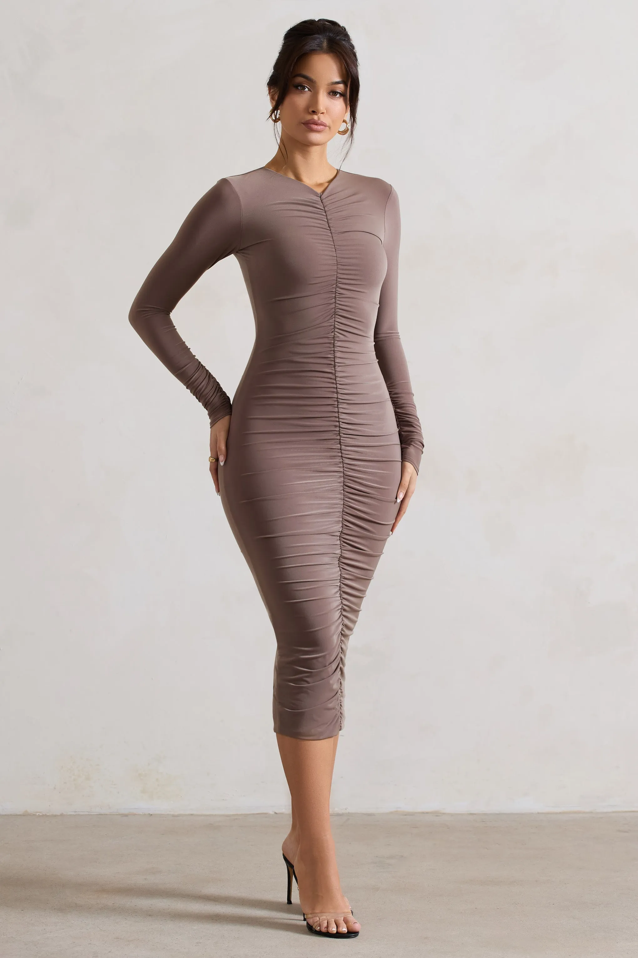 Monique | Mocha Ruched Bodycon Midi Dress