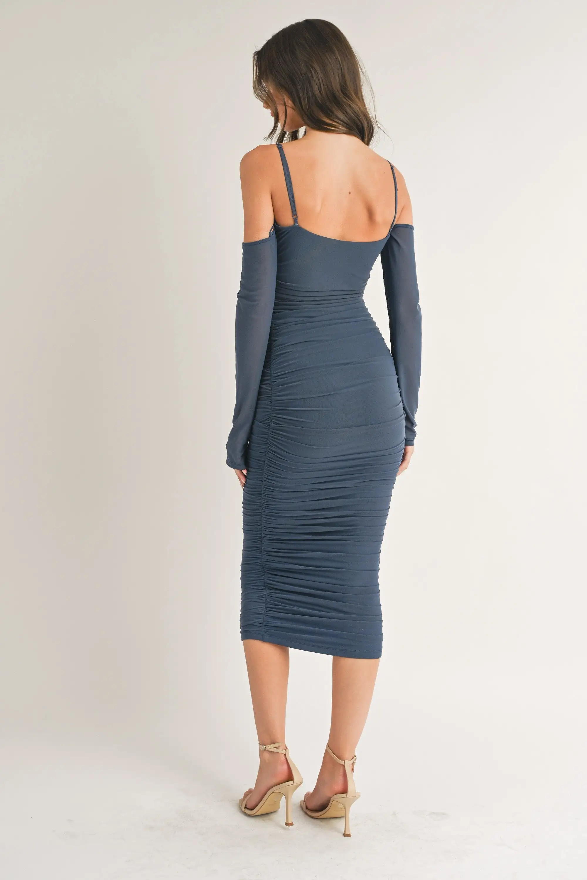 Navy Mesh Ruched Long Sleeve Midi Dress