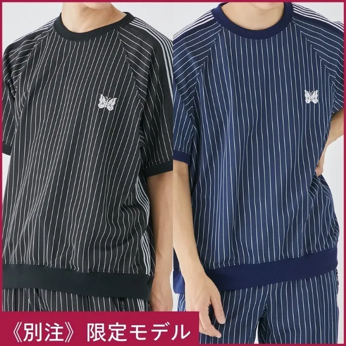 Needles  |Crew Neck Stripes Nylon Street Style Cotton Short Sleeves