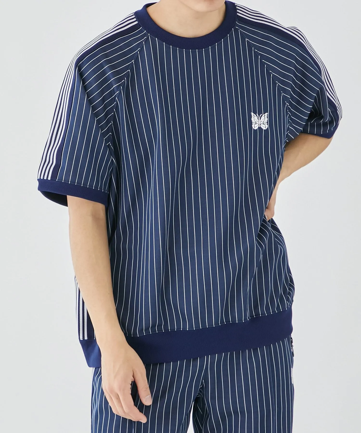 Needles  |Crew Neck Stripes Nylon Street Style Cotton Short Sleeves