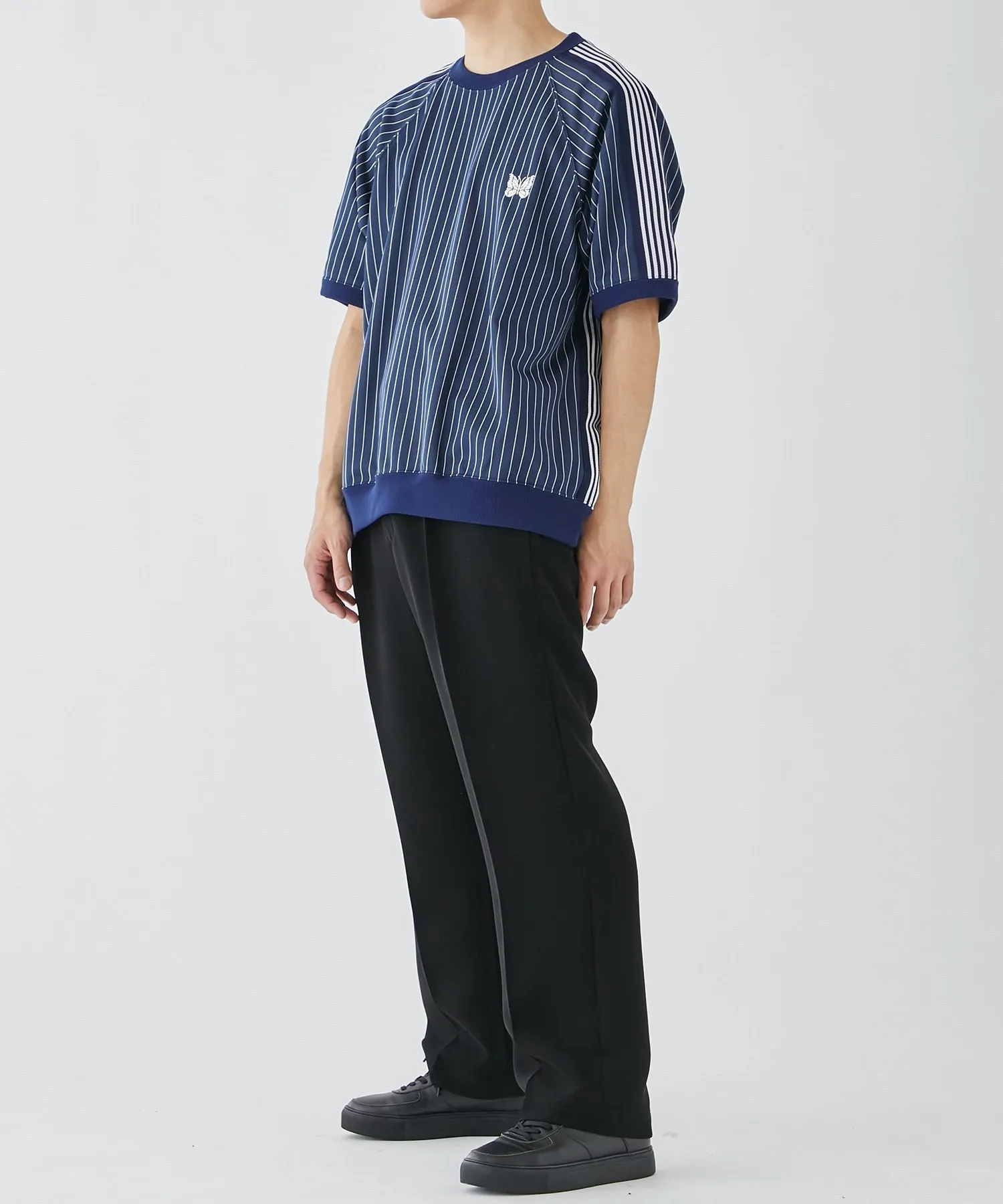 Needles  |Crew Neck Stripes Nylon Street Style Cotton Short Sleeves