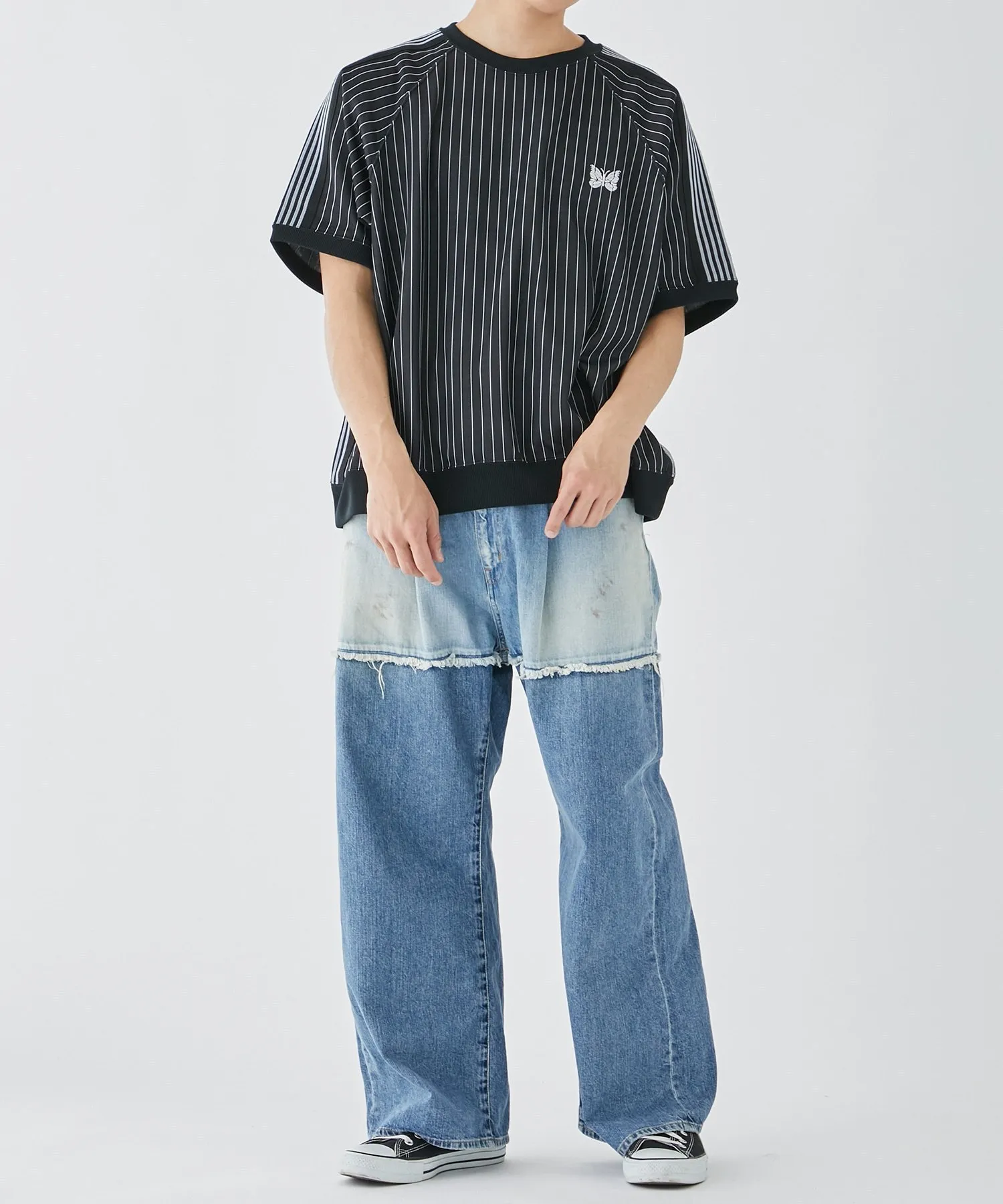 Needles  |Crew Neck Stripes Nylon Street Style Cotton Short Sleeves