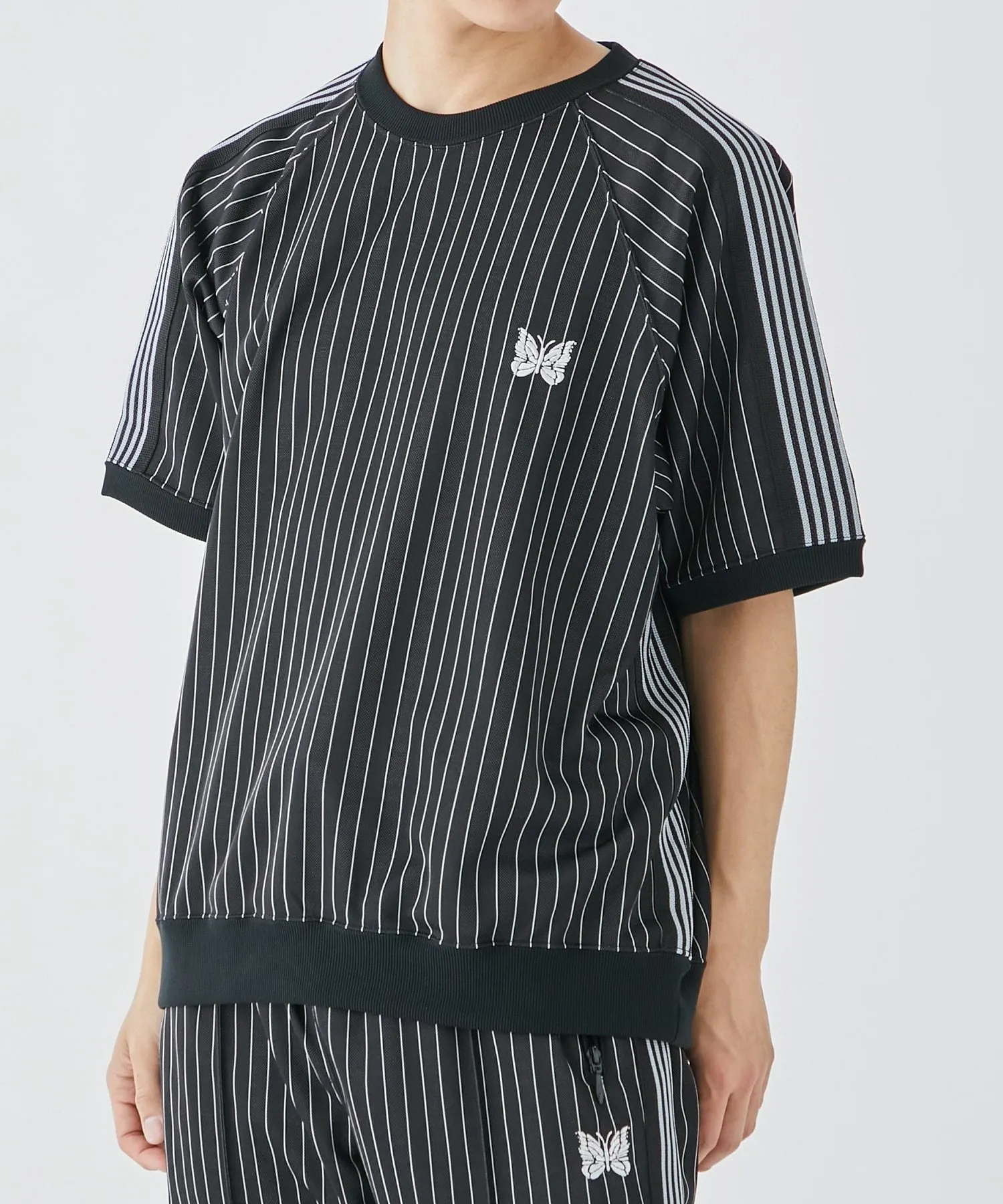 Needles  |Crew Neck Stripes Nylon Street Style Cotton Short Sleeves