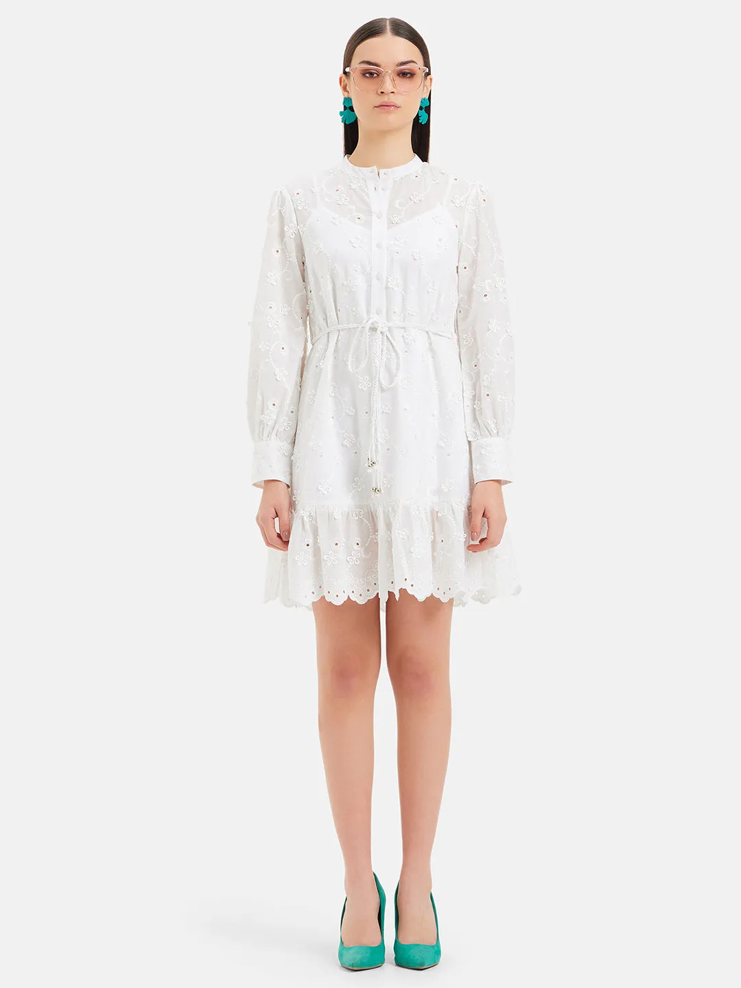 Ophelia Embroidered Mini Dress With Belt