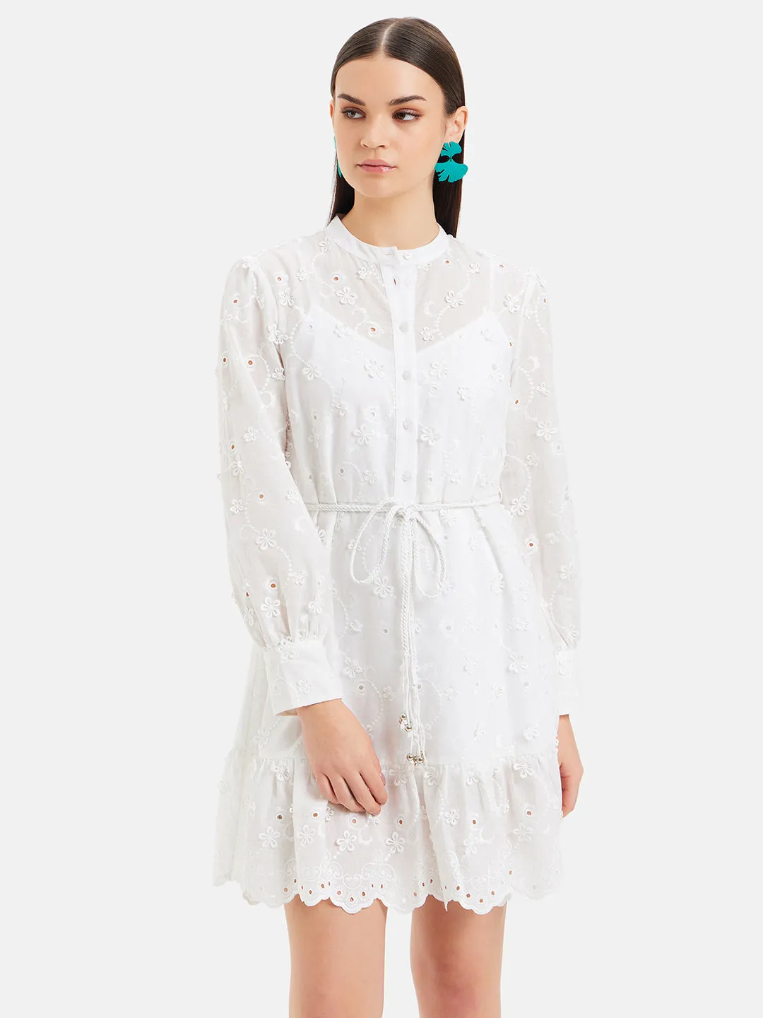 Ophelia Embroidered Mini Dress With Belt