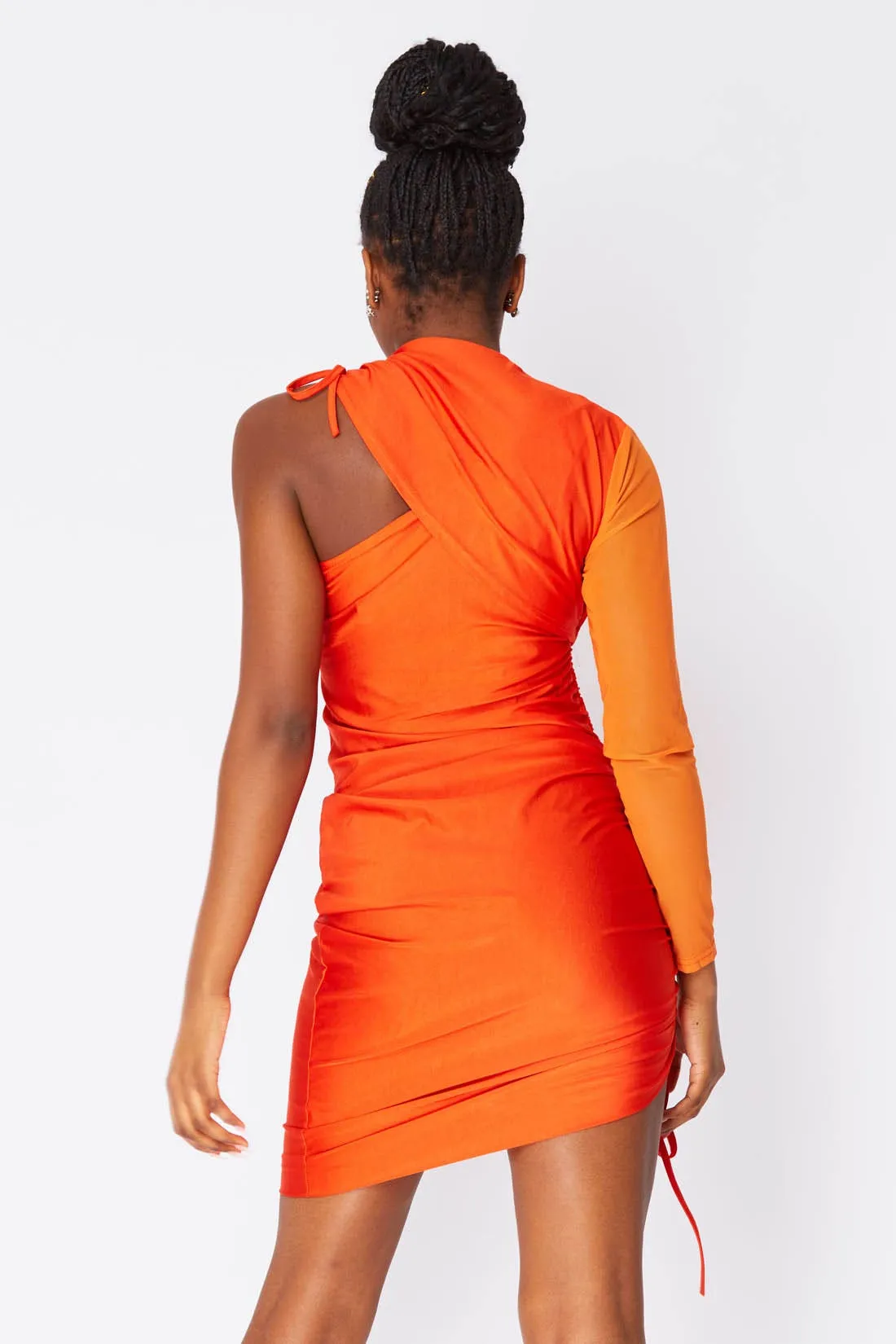 Orange One Shoulder Slinky Ruched Midi Dress