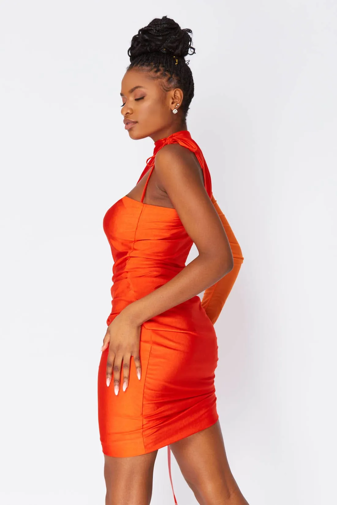 Orange One Shoulder Slinky Ruched Midi Dress