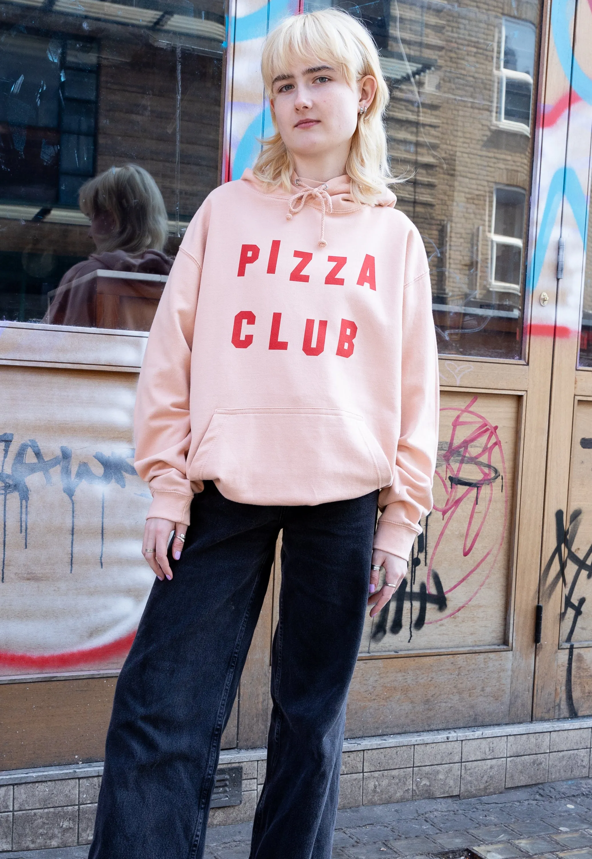 Pizza Club Slogan Hoodie In Peach