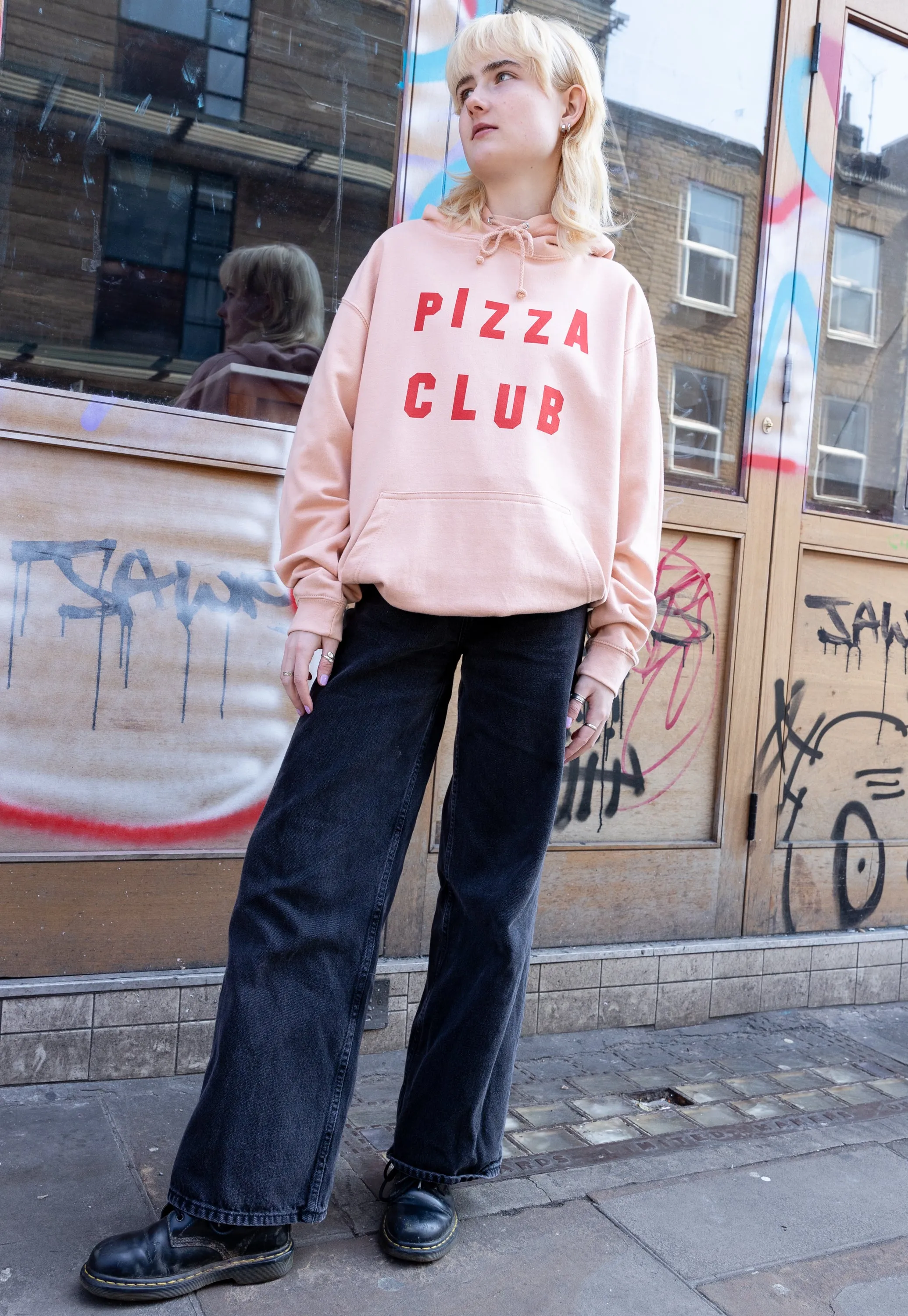 Pizza Club Slogan Hoodie In Peach