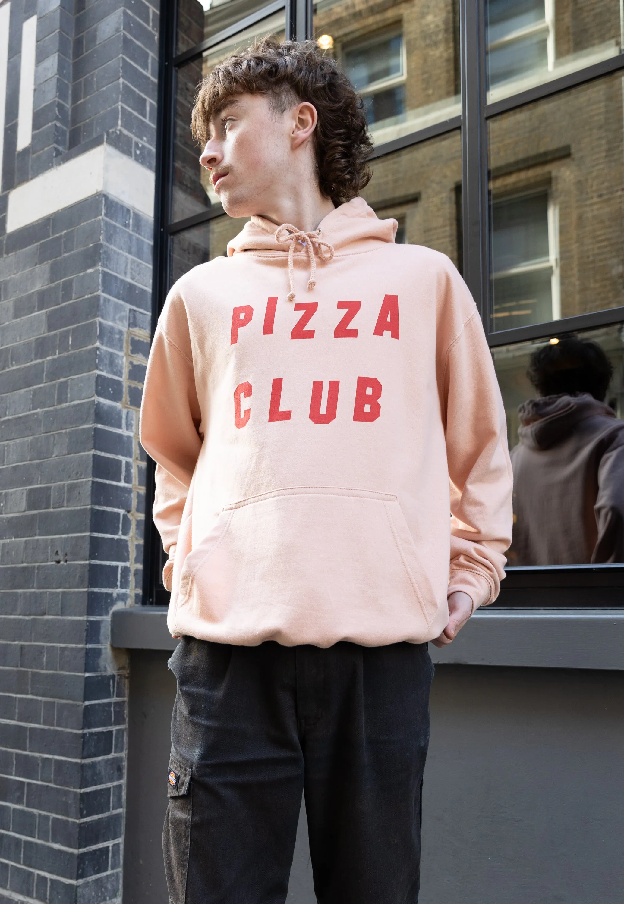 Pizza Club Slogan Hoodie In Peach