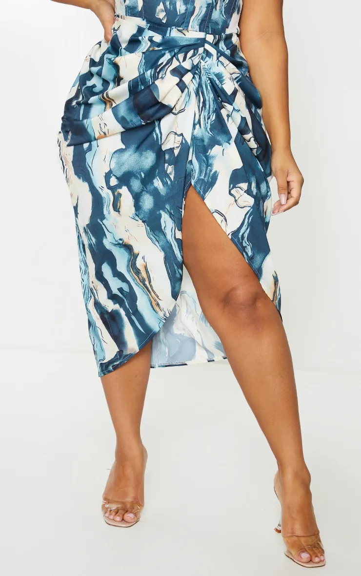 Plus Cream Marble Print Ruched Side Midi Skirt