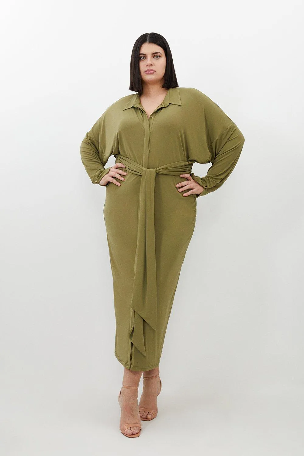 Plus Size Ruched Tie Waist Jersey Crepe Shirt Midi Dress | Karen Millen