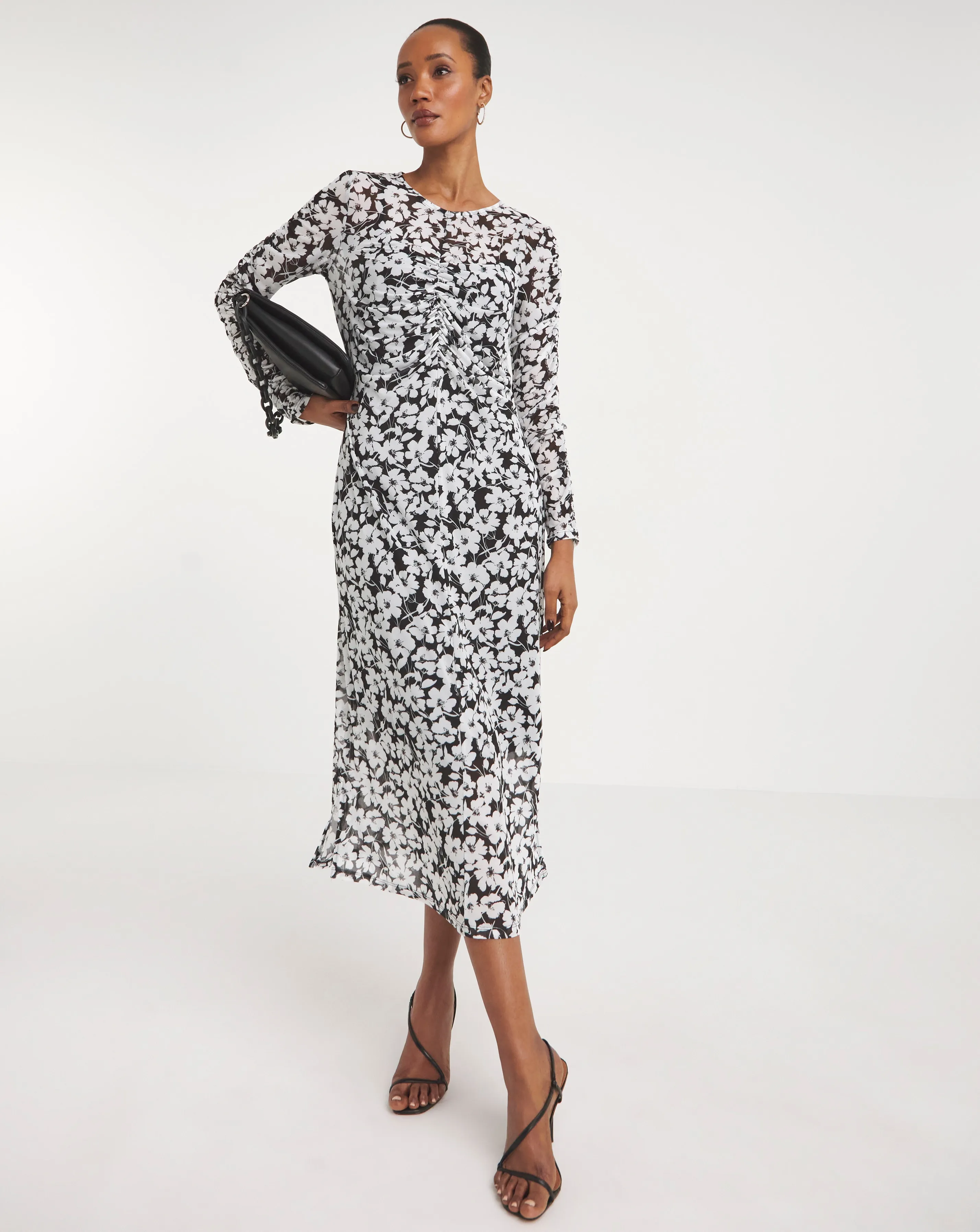 Printed Mesh Ruched Midi Dress