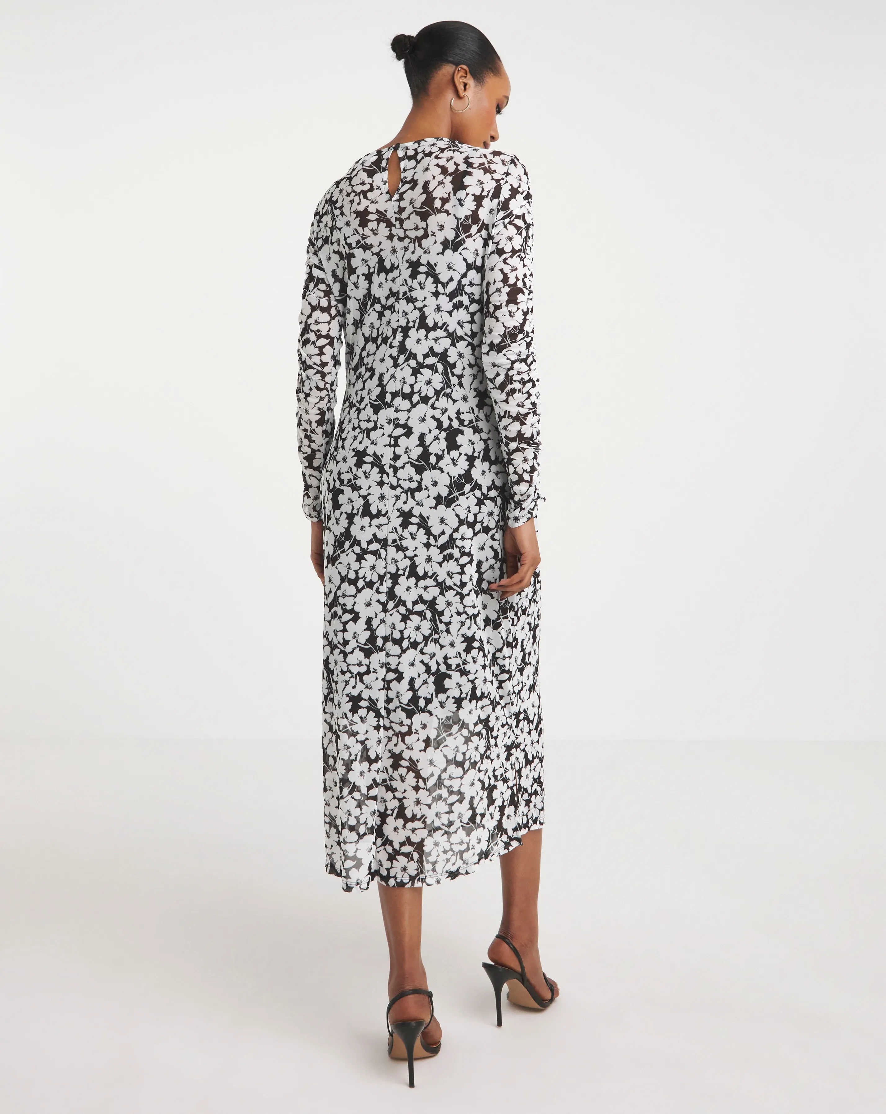 Printed Mesh Ruched Midi Dress