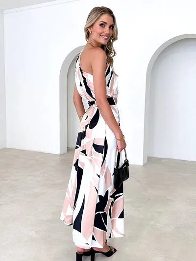 Printed Ruched One Shoulder Dress