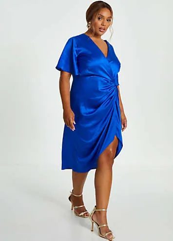 Quiz Curve Blue Angel Sleeve Ruched Midi Dress | Grattan