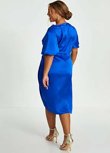 Quiz Curve Blue Angel Sleeve Ruched Midi Dress | Grattan