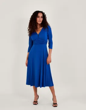 Ring Detail Ruched Jersey Midi Dress Blue