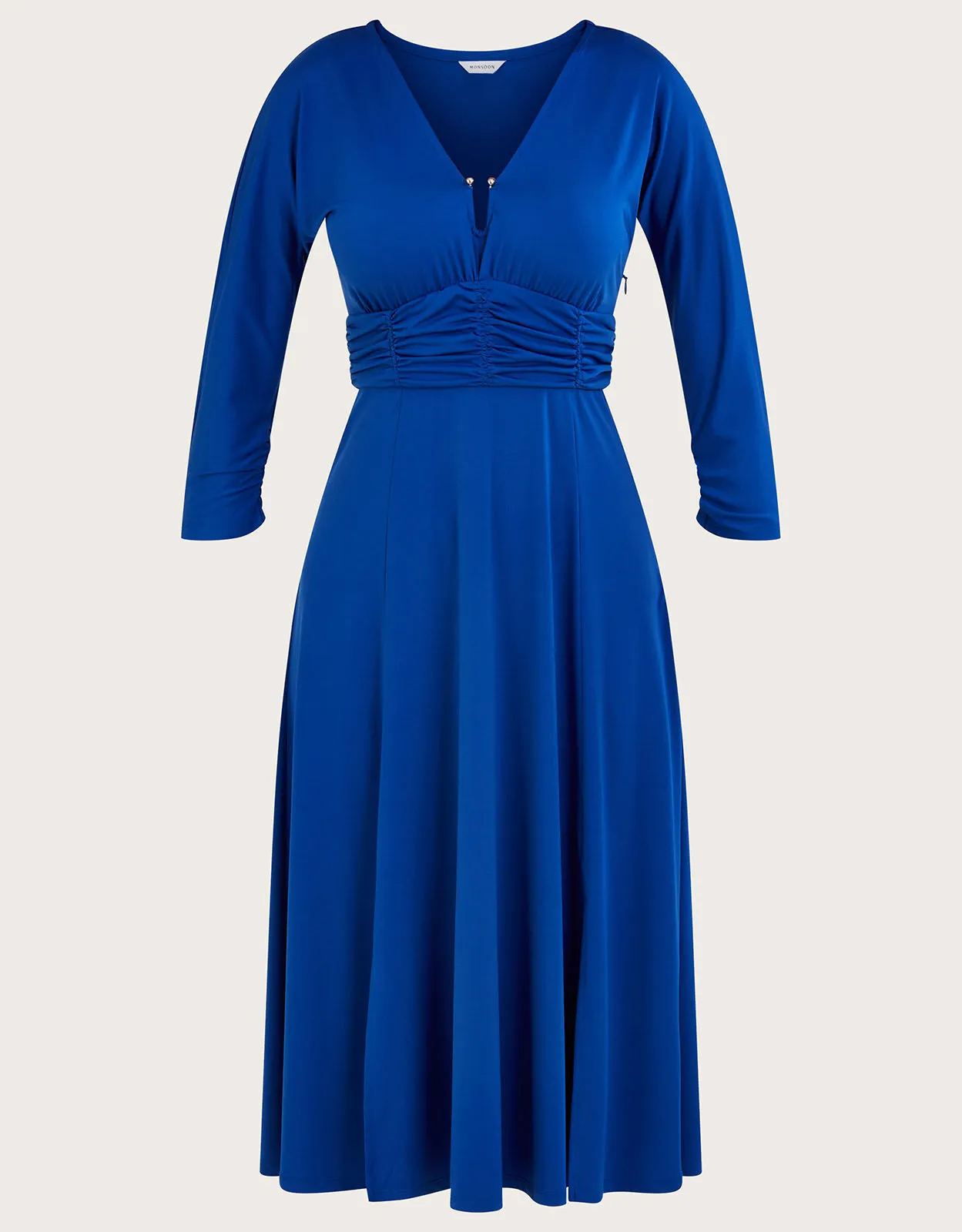 Ring Detail Ruched Jersey Midi Dress Blue