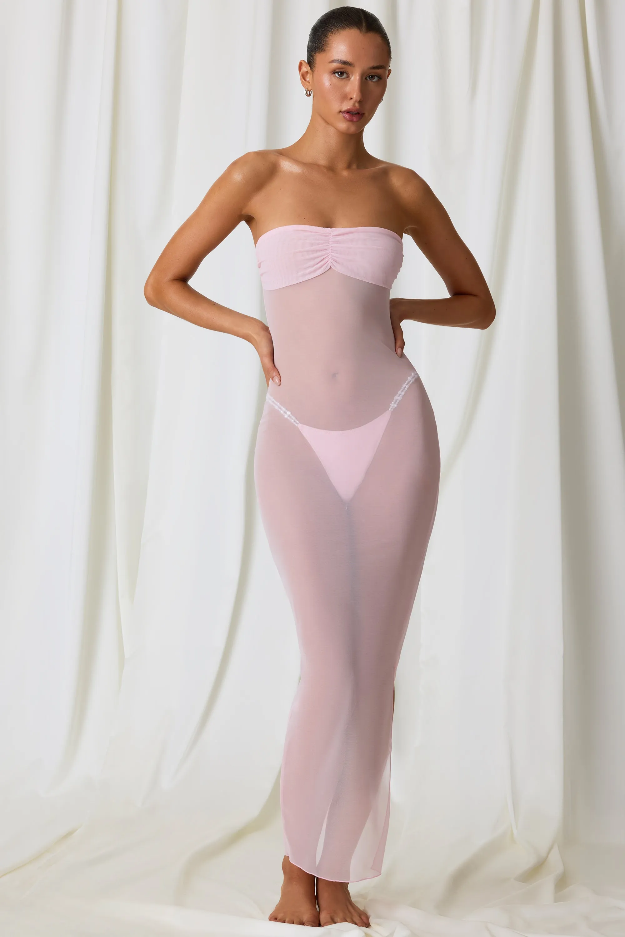 Ruched Bandeau Midi Dress in Soft Pink