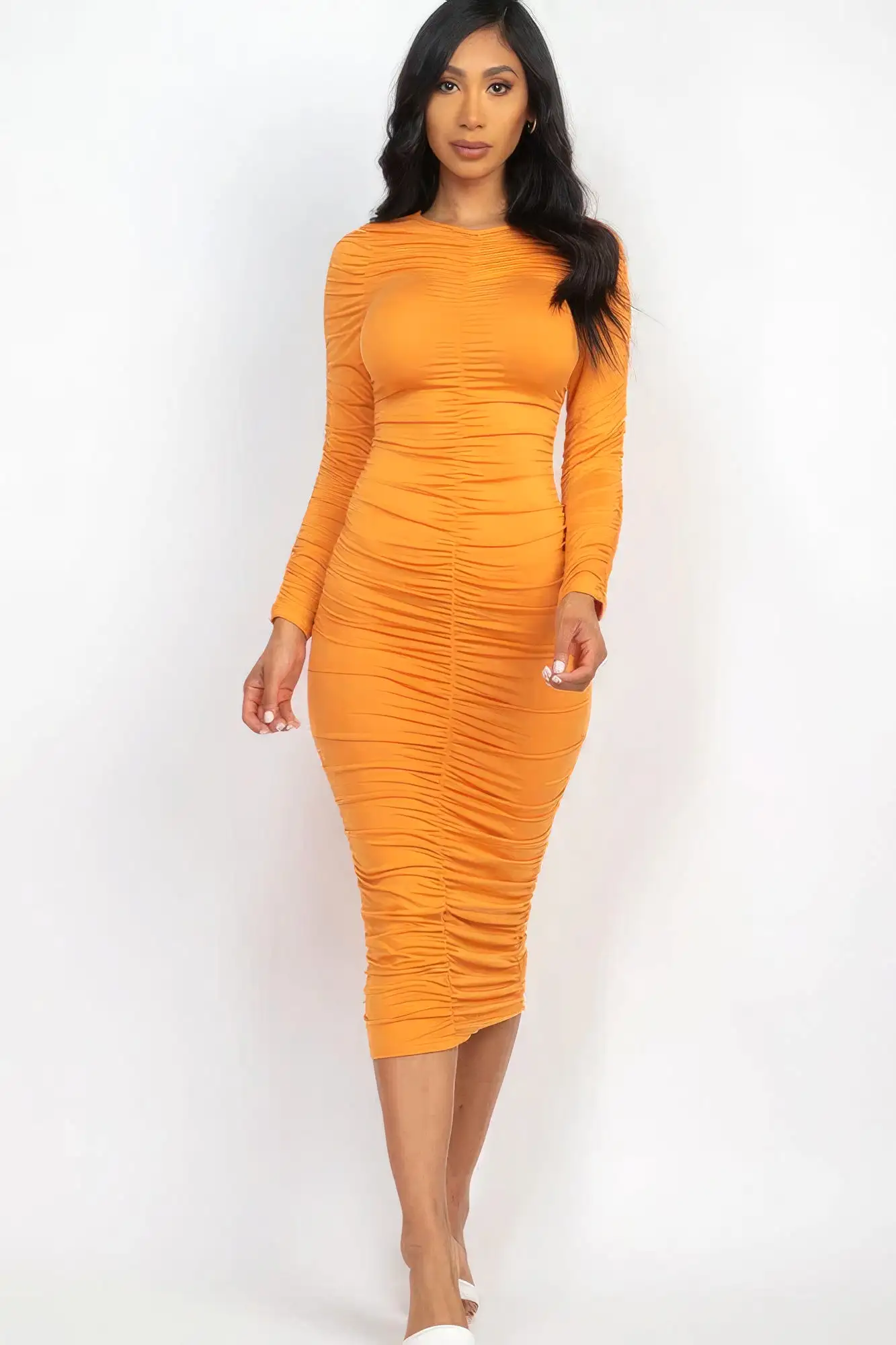 Ruched Long Sleeve Midi Dress