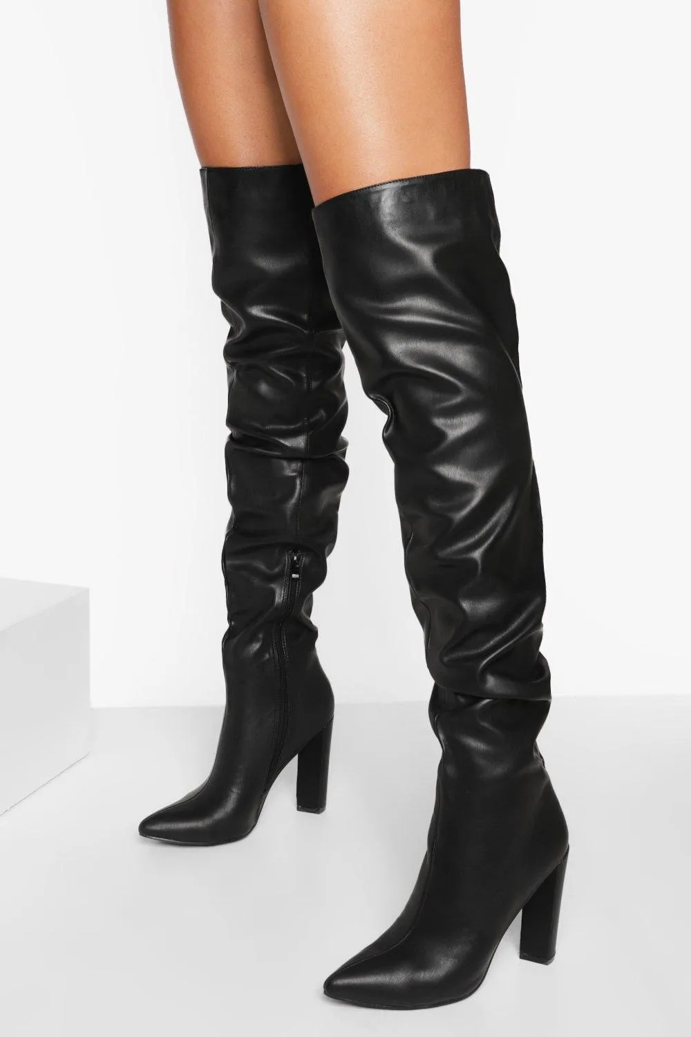 Ruched Thigh High Block Heel Boots