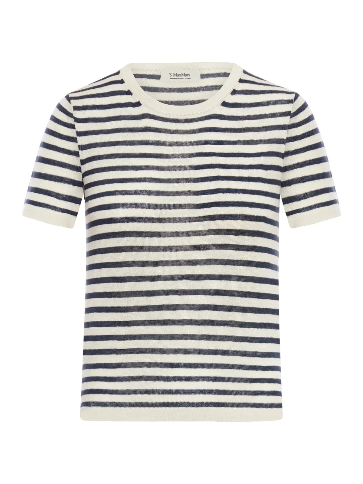 S Max Mara  |Crew Neck Stripes Linen Short Sleeves Elegant Style